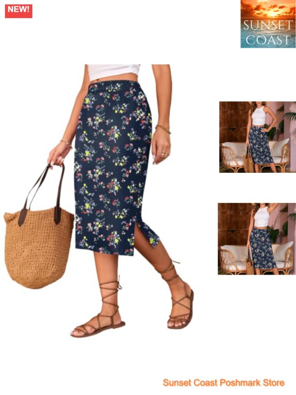 Midi Skirts for Women High Waisted Side Slit Long Skirts Summer Casual
